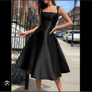 Zanzea Classic Black Satin Sleeveless Fit & Flare Midi Dress